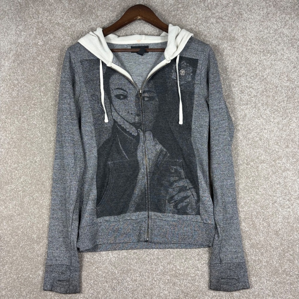 Obey Womens Heather Grey Graphic Zip Up Hoodie Thumbhole Cuffs Size M